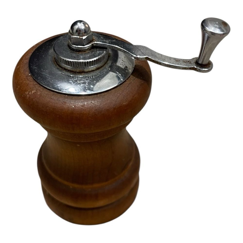 Vintage Small Wooden Pepper Mill with Silver Accents MCM